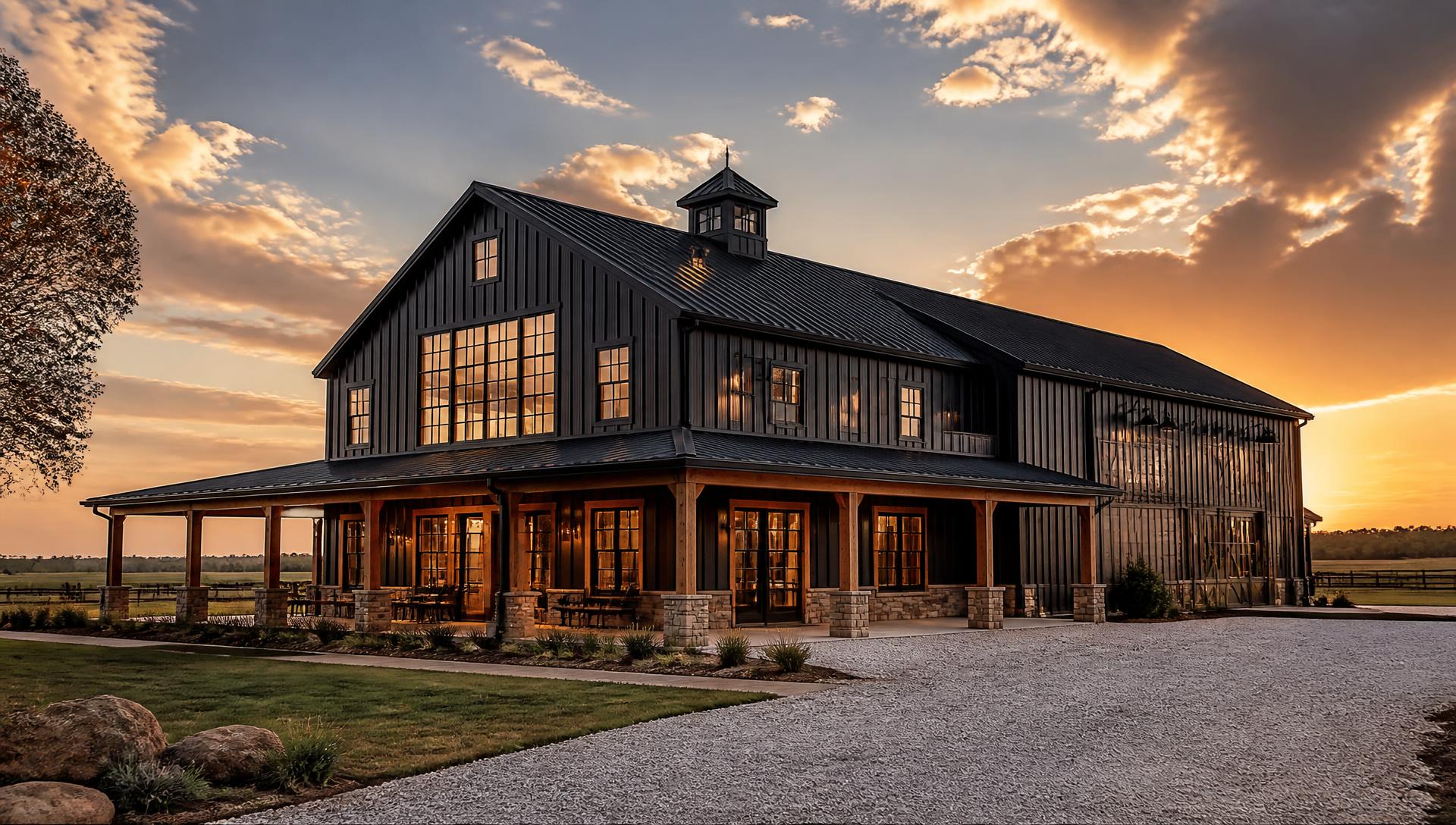 Modern dark metal barndominium with wood accents and a wide covered porch at sunset in rural Texas