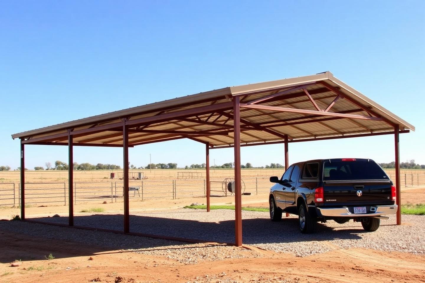 Concept image of an open steel carport with a truck parked underneath on a rural Texas property