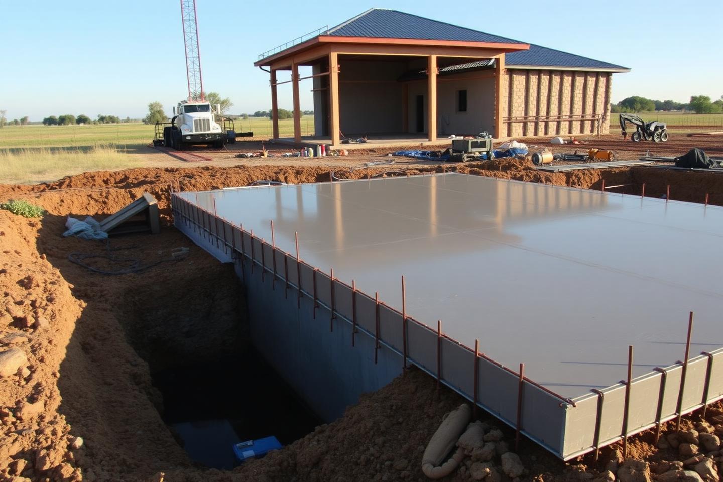 Concept image of a finished concrete building slab with formwork and rebar at a rural construction site