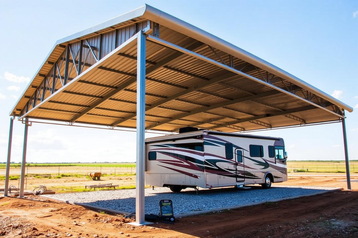 Concept image of a tall steel RV cover protecting a motorhome on a rural property